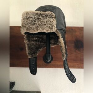 Black Leather Lined Trapper Pilot Aviator Cap Hat